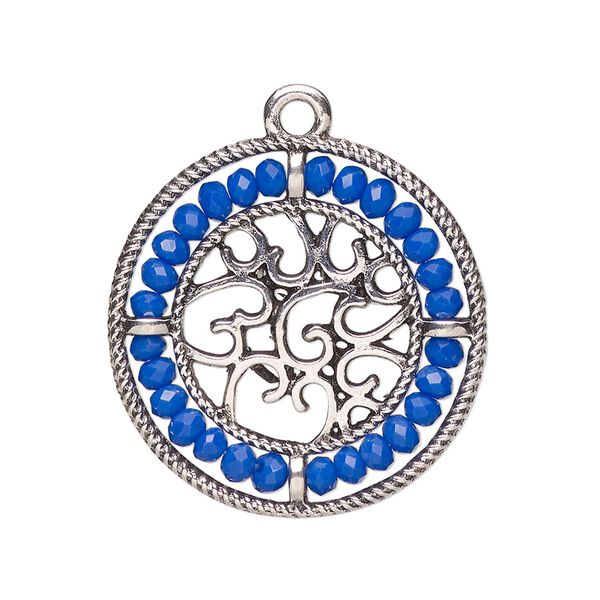 Drop, glass and antique silver-finished "pewter" (zinc-based alloy), cobalt blue, 28mm round with hearts and beaded border. Sold per pkg of 2. image number 0