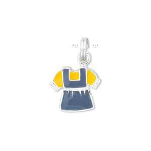 Charm, sterling silver and enamel, blue and yellow, 18x15mm dress. Sold individually.