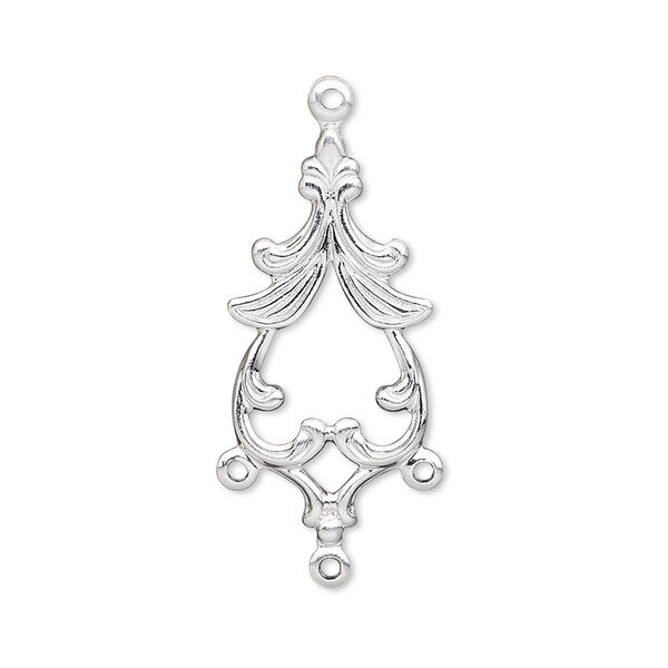 Drop, silver-plated brass, 27x13mm single-sided fancy spade with 3 loops. Sold per pkg of 10. image number 0