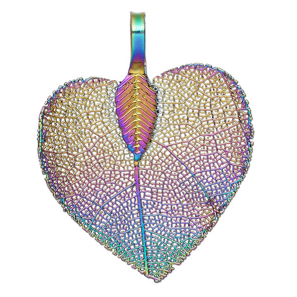 Pendant, copper-plated brass and Indian rubber wood, rainbow, 30x27mm-34x27mm double-sided heart. Sold individually. image number 0