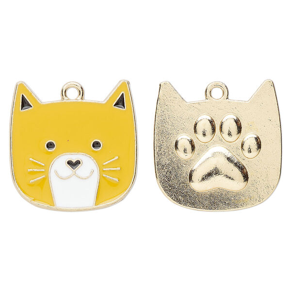 Charm, gold-finished "pewter" (zinc-based alloy) and enamel, white / yellow / black, 22.5x22mm two-sided cat face. Sold per pkg of 2. image number 0