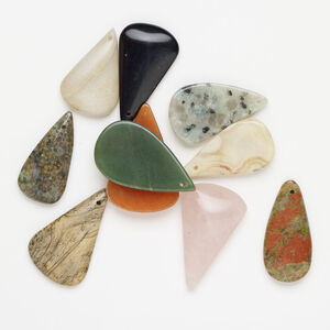 Multi-gemstone 1pkg10, top-drilled puffed / flat teardrop, focal mix 33x16mm-40x25mm