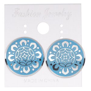Earstud, stainless steel, blue patina, 20mm round with sunflower design. Sold per pair.