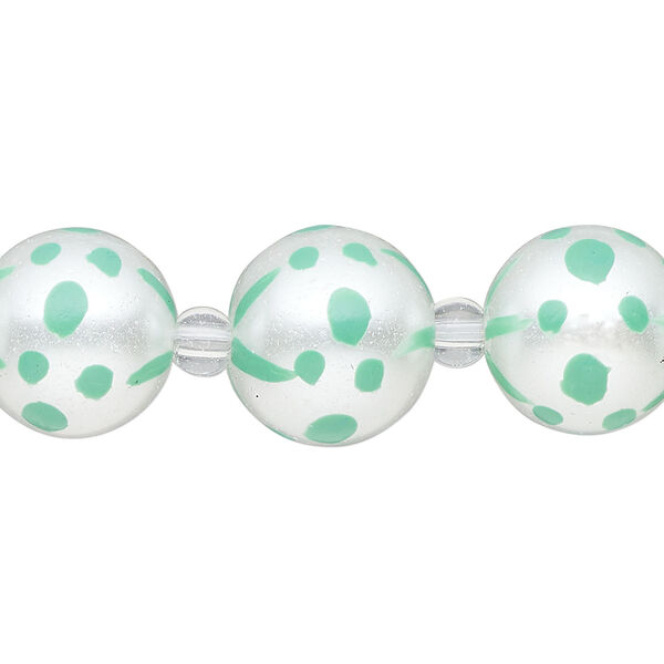 Bead, glass 1pkg8, opaque seafoam green and white, 14mm hand-painted round. image number 0