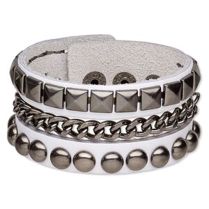 Bracelet, leather (dyed) and gunmetal-finished steel, white, 37mm wide with round and square studs, adjustable from 5-1/2 to 6-1/2 inches with snap closure. Sold individually.