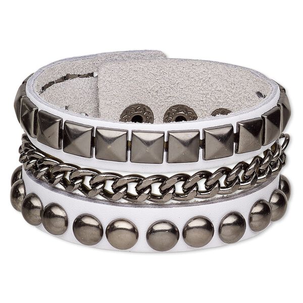 Bracelet, leather (dyed) and gunmetal-finished steel, white, 37mm wide with round and square studs, adjustable from 5-1/2 to 6-1/2 inches with snap closure. Sold individually. image number 0