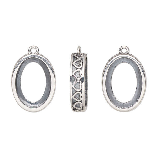 Drop, antiqued sterling silver, 16.5x12.5mm oval with 14x10mm oval setting and heart design with open back. Sold individually. image number 0
