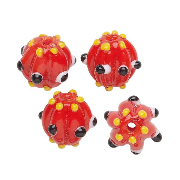 Bead, lampworked glass, opaque red / yellow / black, 15x13mm fluted round. Sold per pkg of 4. image number 0