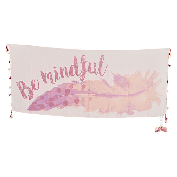 Scarf, polyester, pkg/1, 6x2.5-foot rectangle with feather and "Be mindful," pink / peach / purple. image number 0