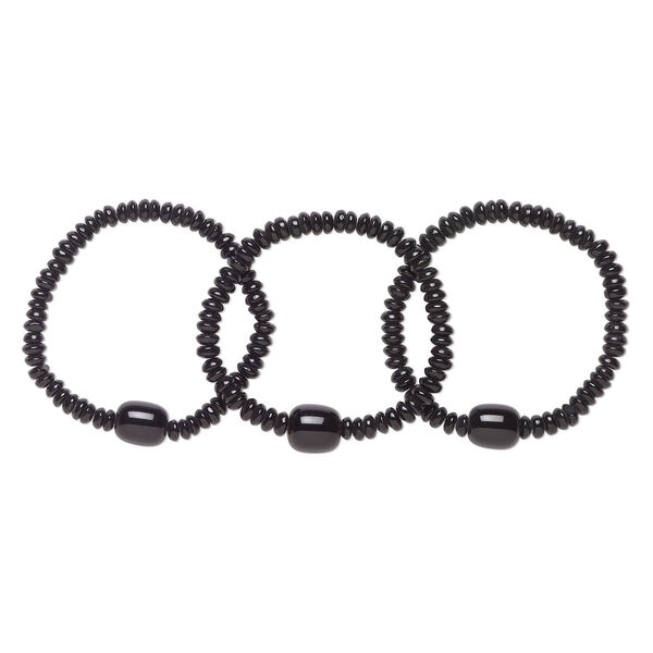 Bracelet, stretch, glass, black, 7-8 inches wearable length. Sold per pkg of 3. image number 0