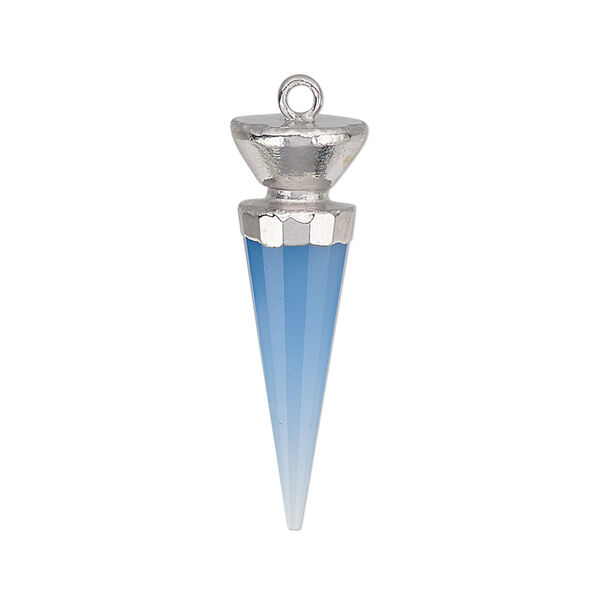 Focal, blue chalcedony (dyed) / electroplated silver / silver-plated sterling silver, 30x9.5mm-31x10mm hand-cut faceted point. Sold individually. image number 0