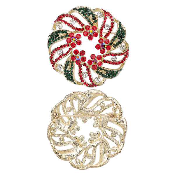 Brooch, glass rhinestone and gold-finished "pewter" (zinc-based alloy), multicolored, 54x54mm wreath. Sold individually. image number 0