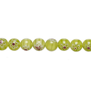 Bead, millefiori glass 1pkg1, translucent dark yellow-green / white / dark red, 6mm round, 15 inches.