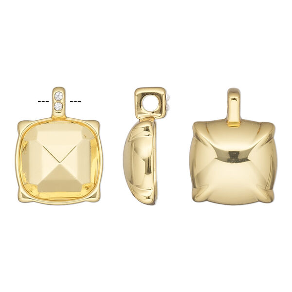 Drop, Almost Instant Jewelry®, crystals and gold-plated "pewter" (zinc-based alloy), clear, 17.5x13mm rounded square with 12mm faceted cushion setting. Sold individually. image number 0
