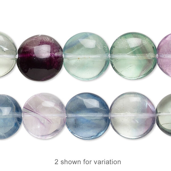 Bead, rainbow fluorite (natural), 12mm flat round, A grade, Mohs hardness 4. Sold per 15-1/2" to 16" strand. image number 0