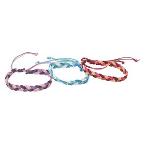 Bracelet, cotton, multicolored, 8.5mm wide, braided, adjustable from 7-9 inches with macramé knot closure. Sold per pkg of 3.