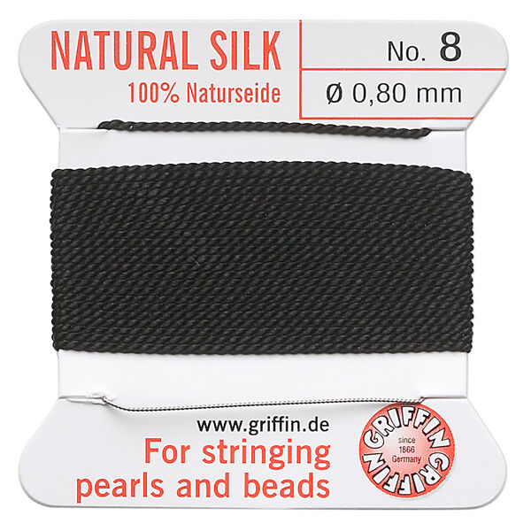 Thread, Griffin, silk, black, size #8. Sold per 2-meter card (approximately 78 inches). image number 0