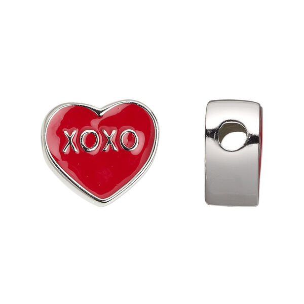 Bead, Dione®, silver-plated "pewter" (zinc-based alloy) and enamel, red, 17x16mm double-sided flat heart with "XOXO." Sold individually. image number 0