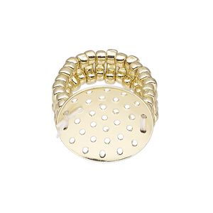 Ring, stretch, gold-finished brass and "pewter" (zinc-based alloy), 8mm wide with 20mm perforated disk, size 6-1/2 to 8. Sold individually.