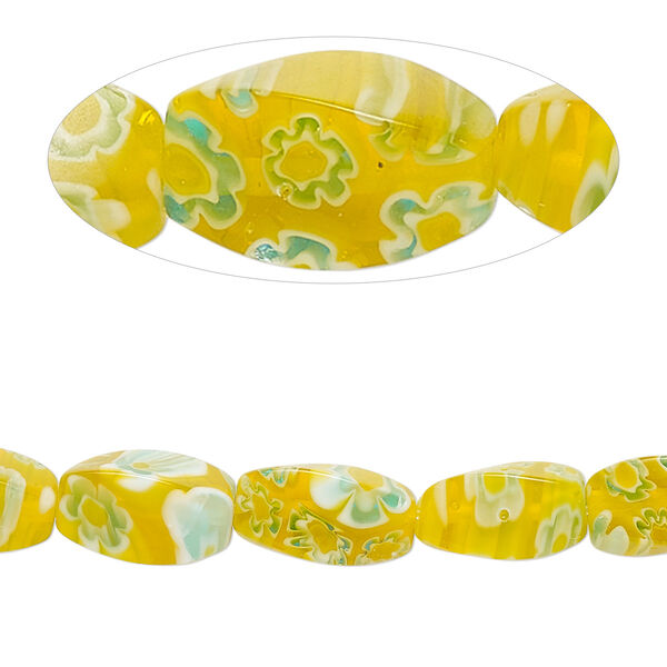 Bead, millefiori glass, translucent golden yellow /  light blue / white, 11x6-13x8mm 4-sided twisted oval with flower and stripe design. Sold per 14-inch strand. image number 0
