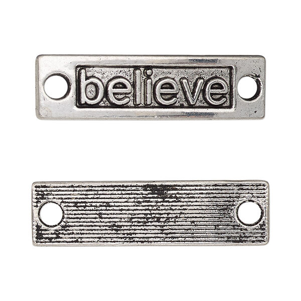 Link, antique silver-finished "pewter" (zinc-based alloy), 35x9.5mm single-sided curved flat rectangle with "believe." Sold per pkg of 2. image number 0