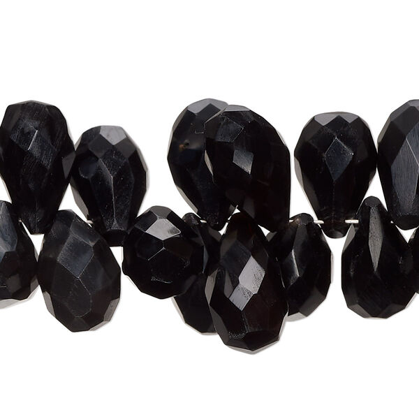 Bead, black onyx (dyed), 10x8mm-19x9mm hand-cut top-drilled faceted teardrop with 0.4-1.4mm hole, B grade, Mohs hardness 6-1/2 to 7. Sold per 8-inch strand, approximately 50 beads. image number 0