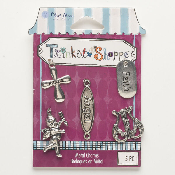 Component mix, antique silver-finished "pewter" (zinc-based alloy), assorted single- and double-sided faith / angel / peace designs. Sold per pkg of 5. image number 0
