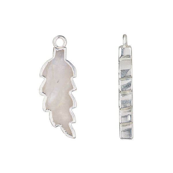 Drop, sterling silver and rainbow moonstone (natural), 23x10mm hand-cut double-sided flat feather, Mohs hardness 6 to 6-1/2. Sold individually. image number 0