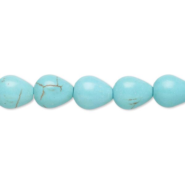 Bead, magnesite (dyed / stabilized), blue-green, 9x8mm-10x8mm teardrop, B- grade, Mohs hardness 3-1/2 to 4. Sold per 15-inch strand. image number 0