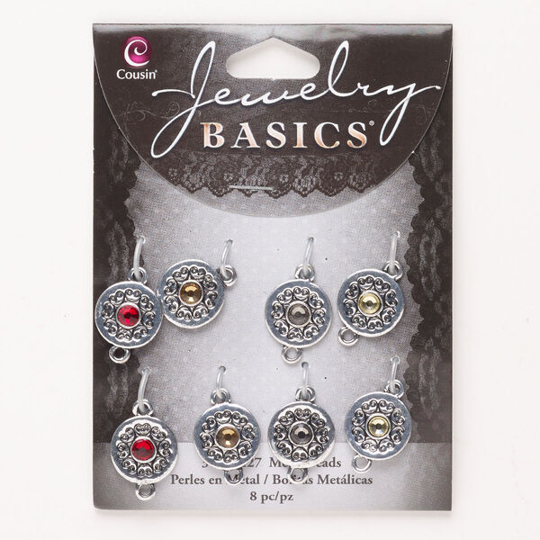 Link assortment, "pewter" (zinc-based alloy) and glass, pkg/8, antique silver finish and mixed colors, 13mm textured round. image number 0