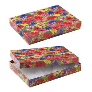 Box, paper, "cotton"-filled, multicolored, 7-1/8 x 5-1/8 x 1-1/8 inch rectangle with floral design. Sold per pkg of 10.