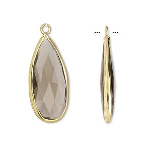 Drop, smoky quartz (heated / irradiated) and gold-finished sterling silver, 27x12mm double-sided faceted teardrop. Sold per pkg of 2.