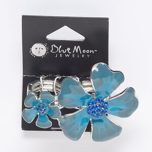 Ring, glass rhinestone / enamel / silver-finished "pewter" (zinc-based alloy), blue / turquoise blue / grey, 44mm wide with 59x44mm flower, adjustable from size 6 to 8. Sold individually.