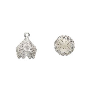 Cord end, glass rhinestone and silver-finished brass, clear, 10mm blossom, 6mm inside diameter. Sold individually.