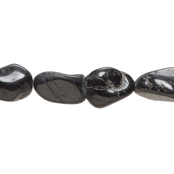 Bead, black tourmaline (natural), small to medium hand-cut partially polished tumbled nugget, Mohs hardness 7 to 7-1/2. Sold per 15-inch strand. image number 0