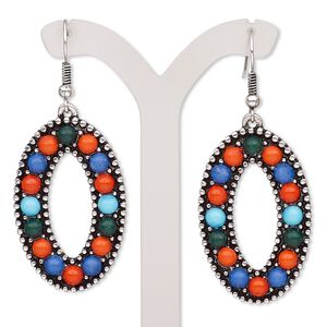 Earring, resin with antique silver-plated brass and "pewter" (zinc-based alloy), multicolored, 2-1/4 inches with open oval and fishhook ear wire. Sold per pair.