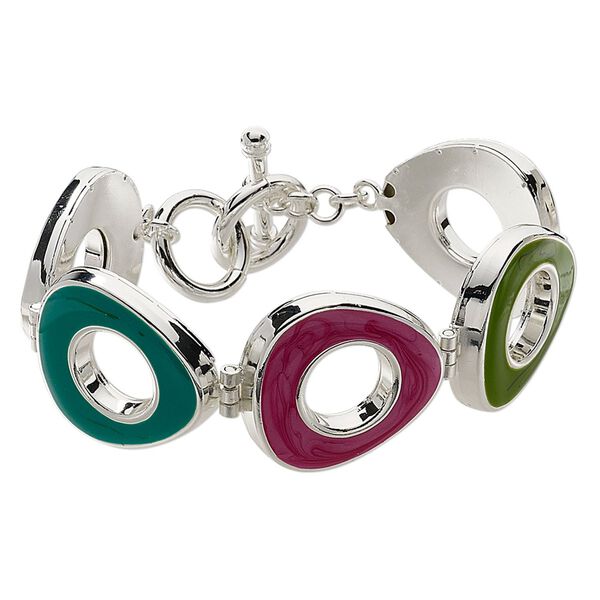 Bracelet, enamel with silver-plated steel and brass, multicolored, 30x28mm rounded open flat triangle, adjustable at 7 and 7-1/2 inches with toggle clasp. Sold individually. image number 0