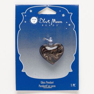 Focal, lampworked glass, opaque black, 26x22mm-27x23mm puffed heart with copper-colored glitter in swirl design. Sold individually.