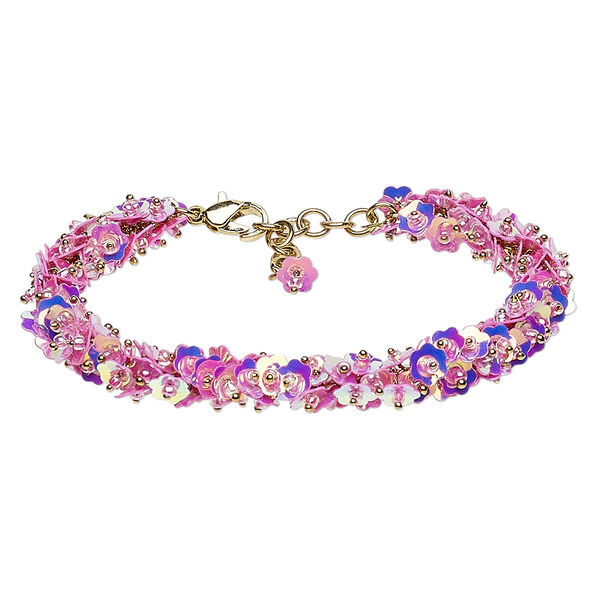 Bracelet, acrylic sequin with gold-finished brass and steel, pink AB, 12mm wide with 6mm flower, 7 inches with 1-1/2 inch extender chain and lobster claw clasp. Sold individually. image number 0