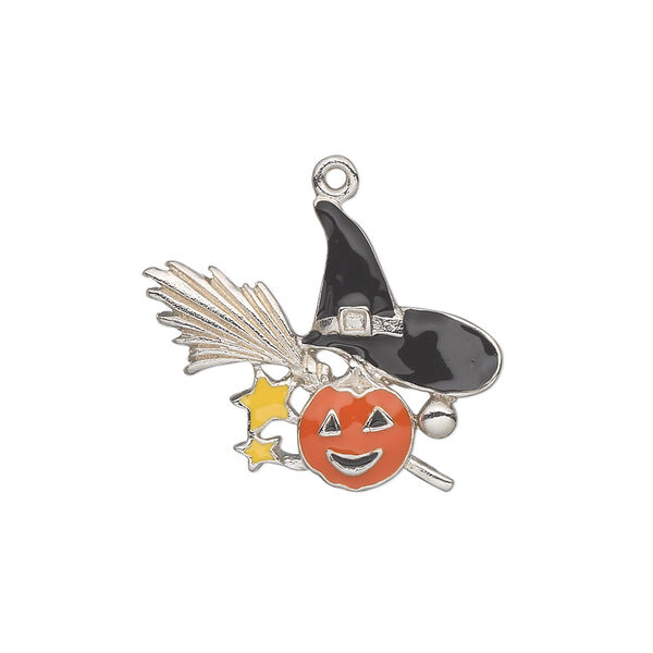 Charm, silver-plated "pewter" (zinc-based alloy) and enamel, orange / black / yellow, 25x19mm single-sided witch's hat, broom and pumpkin. Sold individually. image number 0