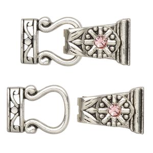 Clasp magnetic fold-over 1pkg2 "pewter" (zinc alloy), 29x13mm, antique silver-finished / pink rhinestone 2-strand