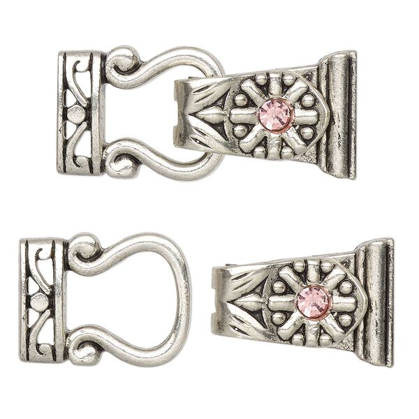 Clasp, magnetic, silver-finished "pewter" (zinc-based alloy) and glass, pink, 29x13mm 2-strand fold-over. Sold per pkg of 2. image number 0