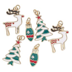 Charm assortment, gold-finished "pewter" (zinc-based alloy) / enamel / glass rhinestone, white / green / multicolored, Christmas shapes. Sold per pkg of 6.