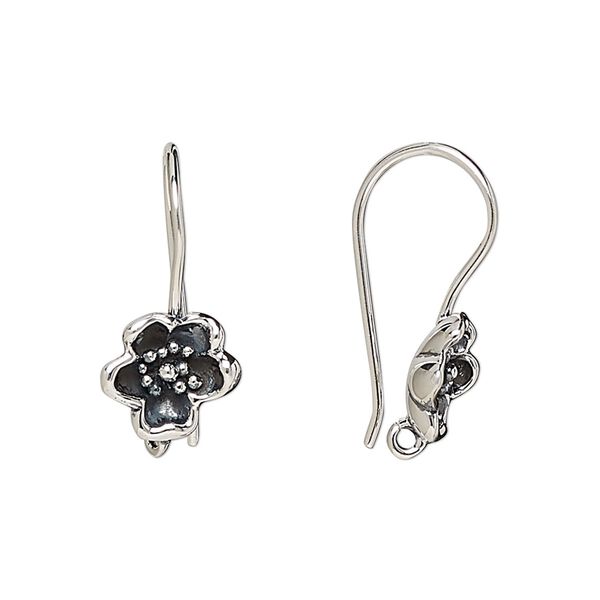 Ear wire 1pkg2 sterling silver, 21mm flower / open loop, 20 gauge antiqued 1 pair image number 0