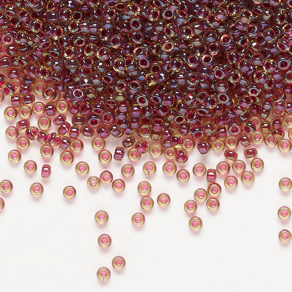 Seed bead, Miyuki, glass, pkg/25g, #11 rocaille, translucent wine-lined luster peridot (RR-336). image number 0