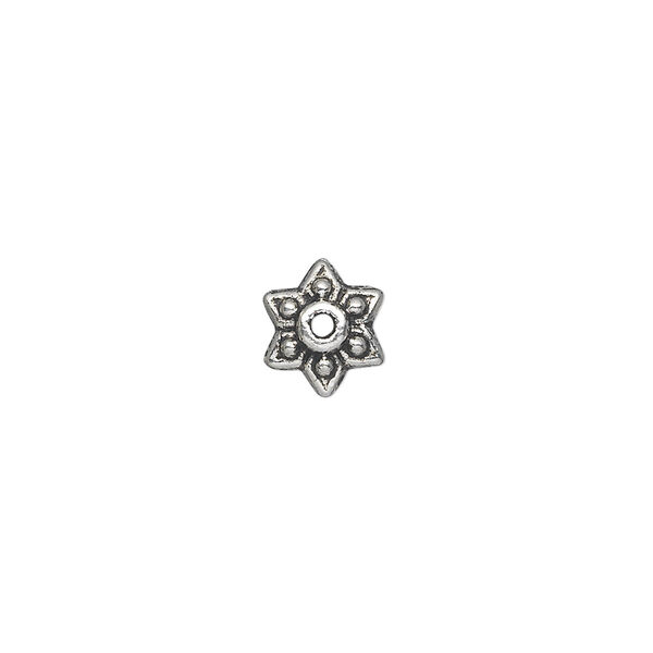 Bead cap, antique silver-plated "pewter" (zinc-based alloy), 9x3mm flower, fits 6-14mm bead. Sold per pkg of 50. image number 0