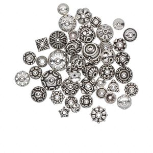 Bead cap mix, antiqued sterling silver, 6x3mm-16x8mm mixed shape. Sold per 50-gram pkg, approximately 50-55 bead caps.
