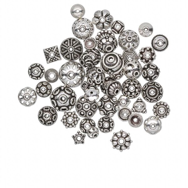 Bead cap mix, antiqued sterling silver, 6x3mm-16x8mm mixed shape. Sold per 50-gram pkg, approximately 50-55 bead caps. image number 0