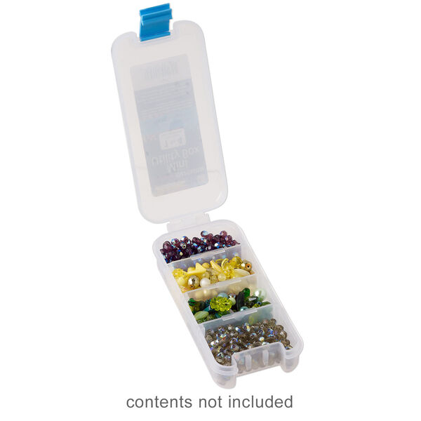 Organizer box, The Beadery®, 1pkg1, plastic, clear / blue, 6 x 2-3/4 x 1-1/4 inches with 1 to 4 adjustable compartments (2184). image number 1