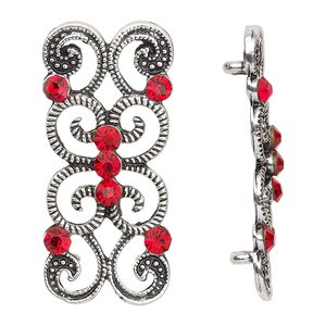 Spacer, antiqued silver-finished "pewter" (zinc-based alloy) and Czech glass rhinestone, light Siam, 37x16mm 2-strand fancy rectangle. Sold per pkg of 4.